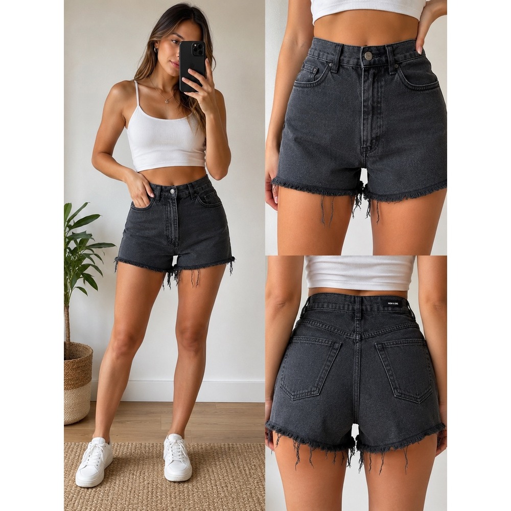 Cotton On High A Line Denim Shorts Washed Black Raw Hem Size 4 US 8 AU